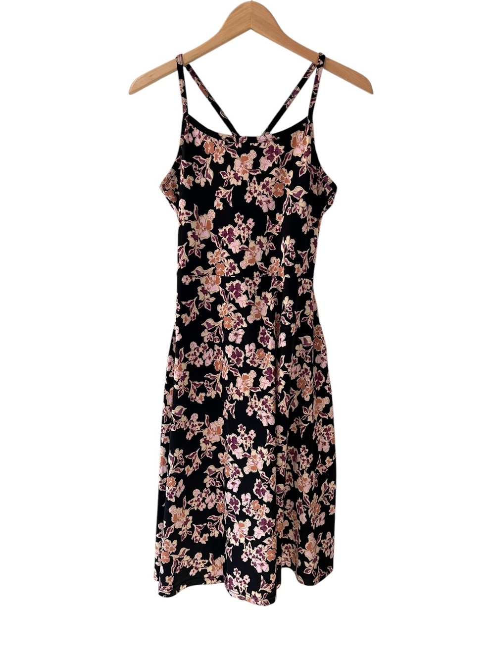 Pact Fit & Flare floral Midi Dress L short black Organic Cotton Pockets NWOT